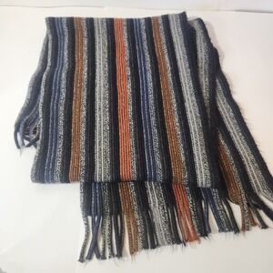 V. Fraas Striped Knit Scarf Blue Grey Rust Orange Fringed Acrylic Winter Wrap
